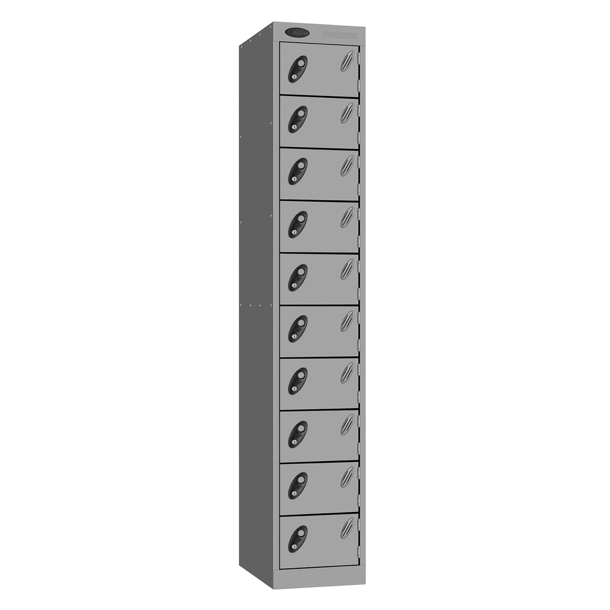 Probe Standard Metric Locker — 10 Door, Flat Top, Triple Width — Silver Carcass / Silver Doors