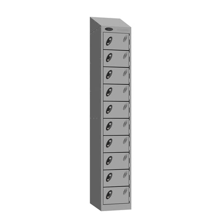 Probe Standard Metric Locker — 10 Door, Sloping Top, Double Width (300mm) — Silver Carcass / Silver Doors