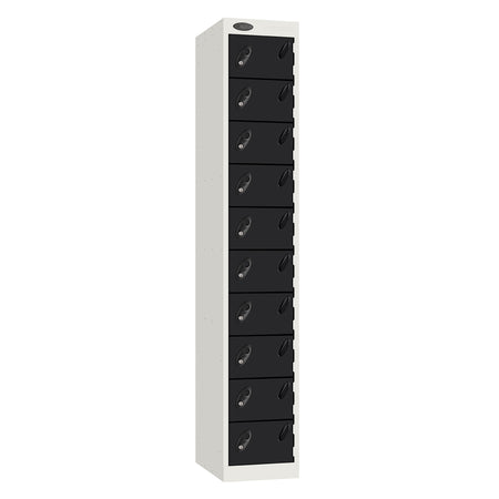 Probe Standard Metric Locker — 10 Door, Flat Top, Double Width (300mm) — White Carcass / Black Doors
