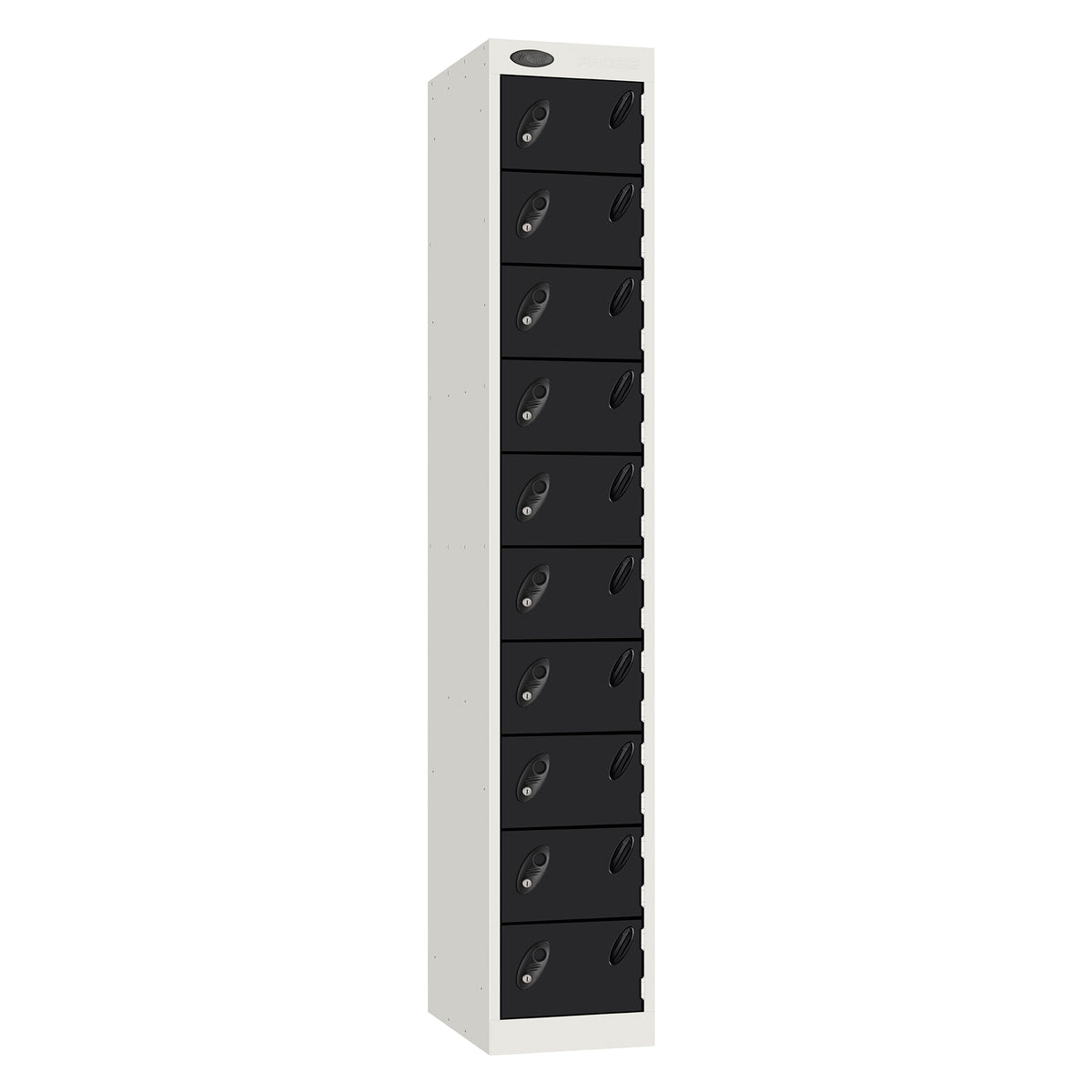 Probe Standard Metric Locker — 10 Door, Flat Top, Triple Width — White Carcass / Black Doors