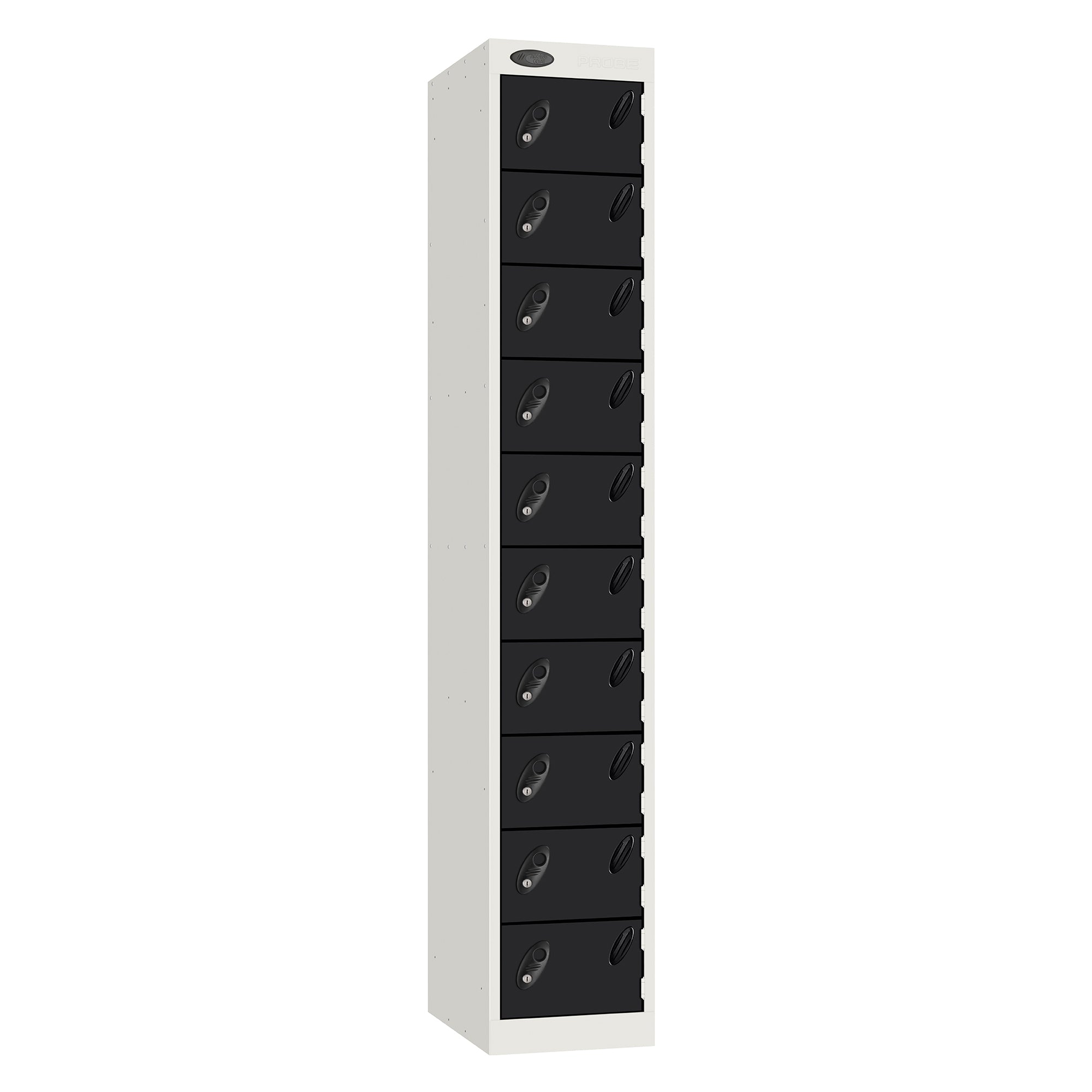 Probe Standard Metric Locker — 10 Door, Sloping Top, Double Width (300mm) — White Carcass / Black Doors