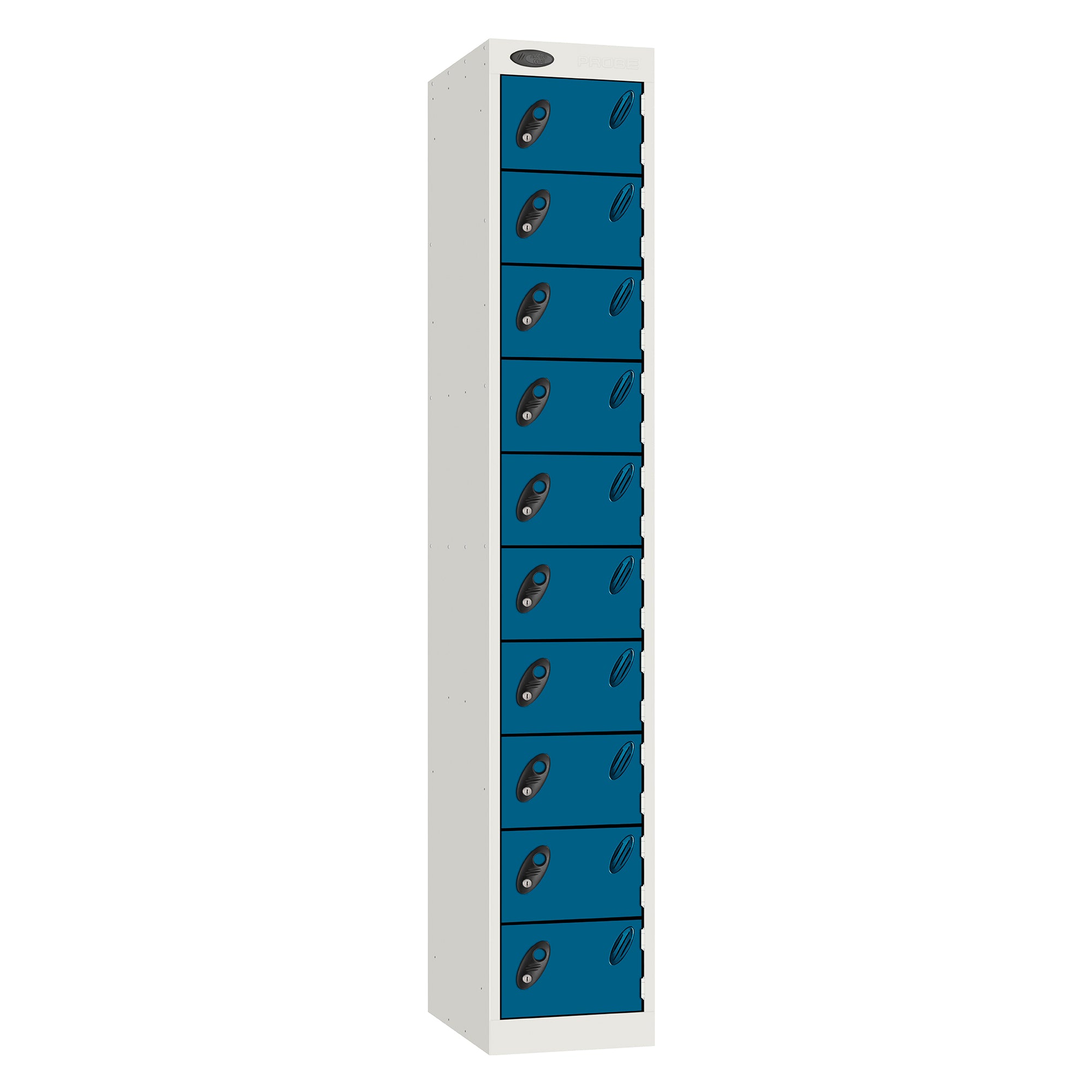 Probe Standard Metric Locker — 10 Door, Flat Top, Double Width (380-450mm) — White Carcass / Blue Doors