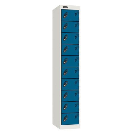 Probe Standard Metric Locker — 10 Door, Flat Top, Triple Width — White Carcass / Blue Doors