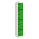 Probe Standard Metric Locker — 10 Door, Sloping Top, Double Width (380-450mm) — White Carcass / Green Doors