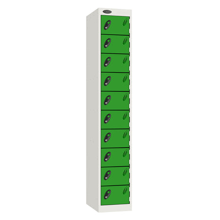 Probe Standard Metric Locker — 10 Door, Sloping Top, Triple Width — White Carcass / Green Doors