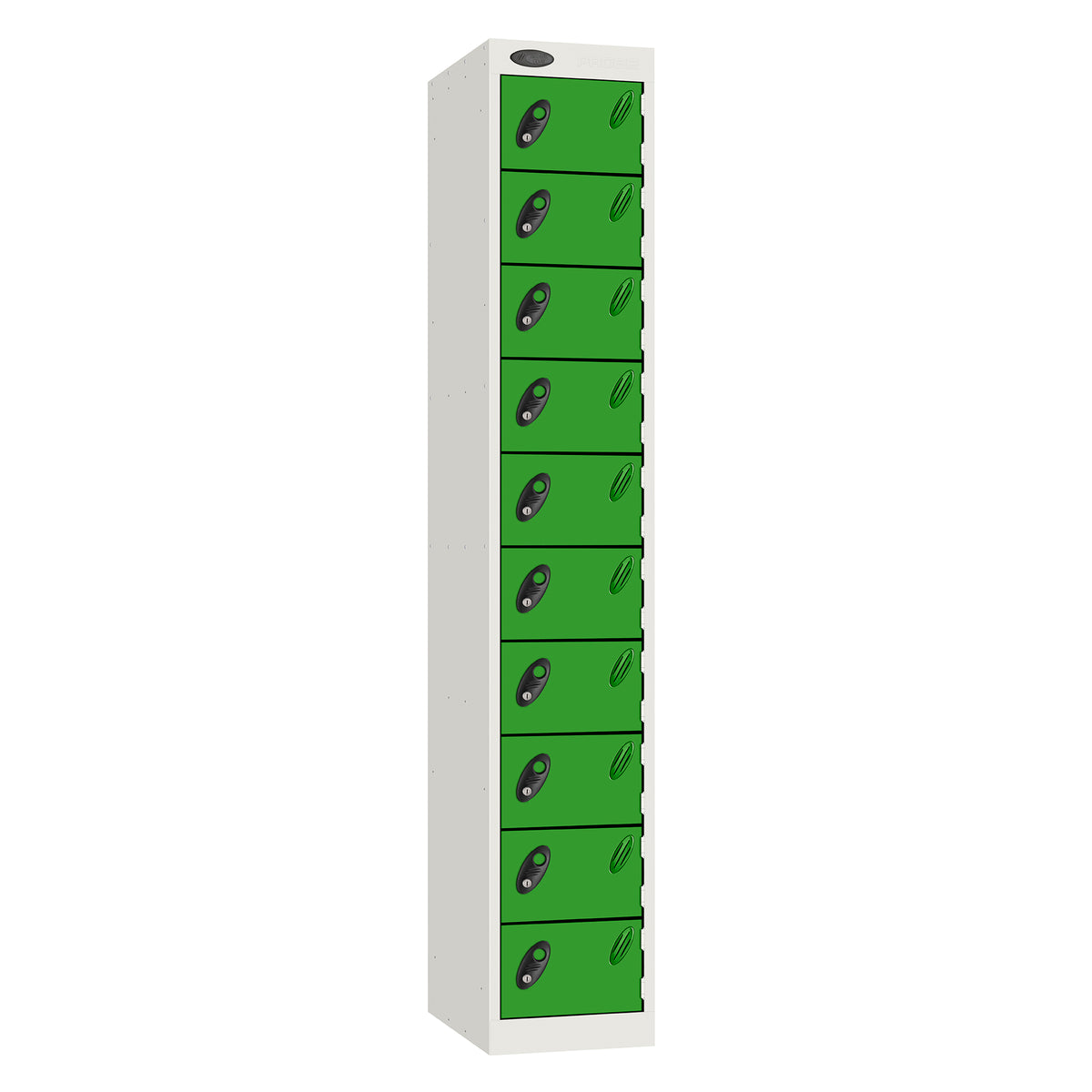 Probe Standard Metric Locker — 10 Door, Flat Top, Triple Width — White Carcass / Green Doors