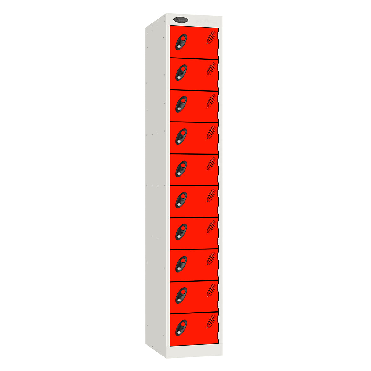 Probe Standard Metric Locker — 10 Door, Flat Top, Double Width (380-450mm) — White Carcass / Red Doors