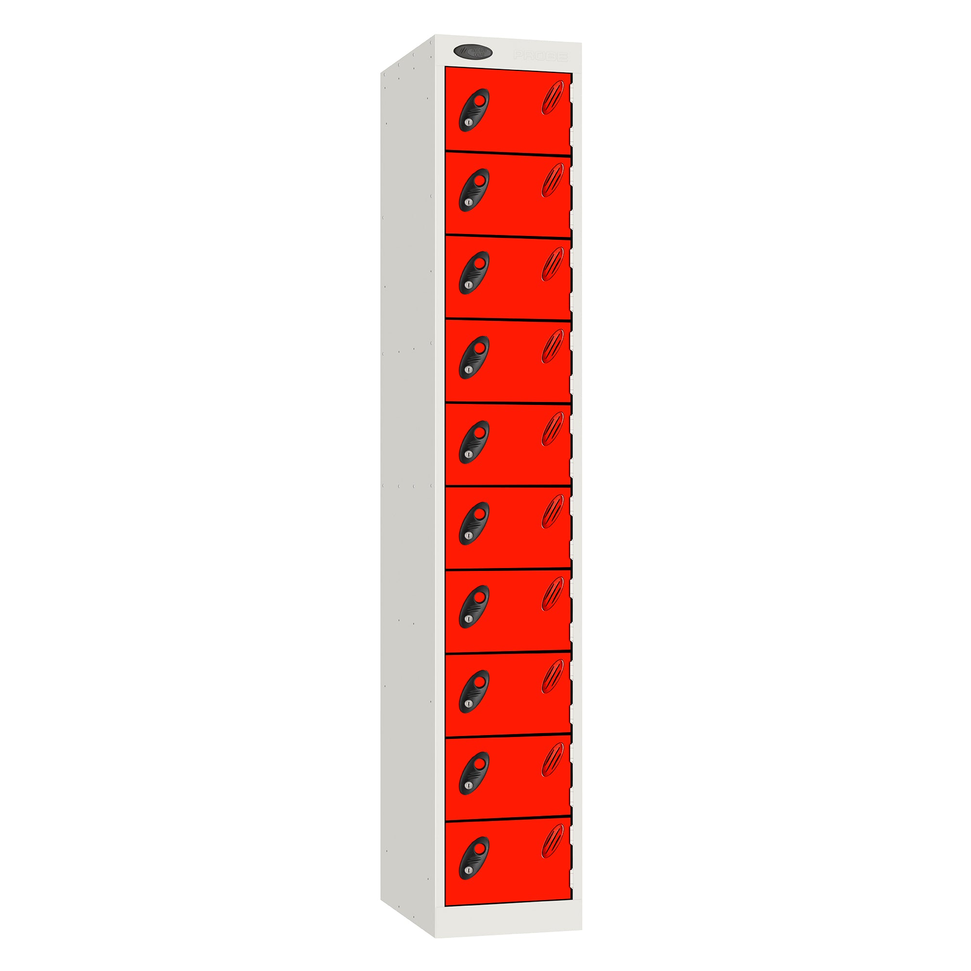 Probe Standard Metric Locker — 10 Door, Flat Top, Double Width (380-450mm) — White Carcass / Red Doors