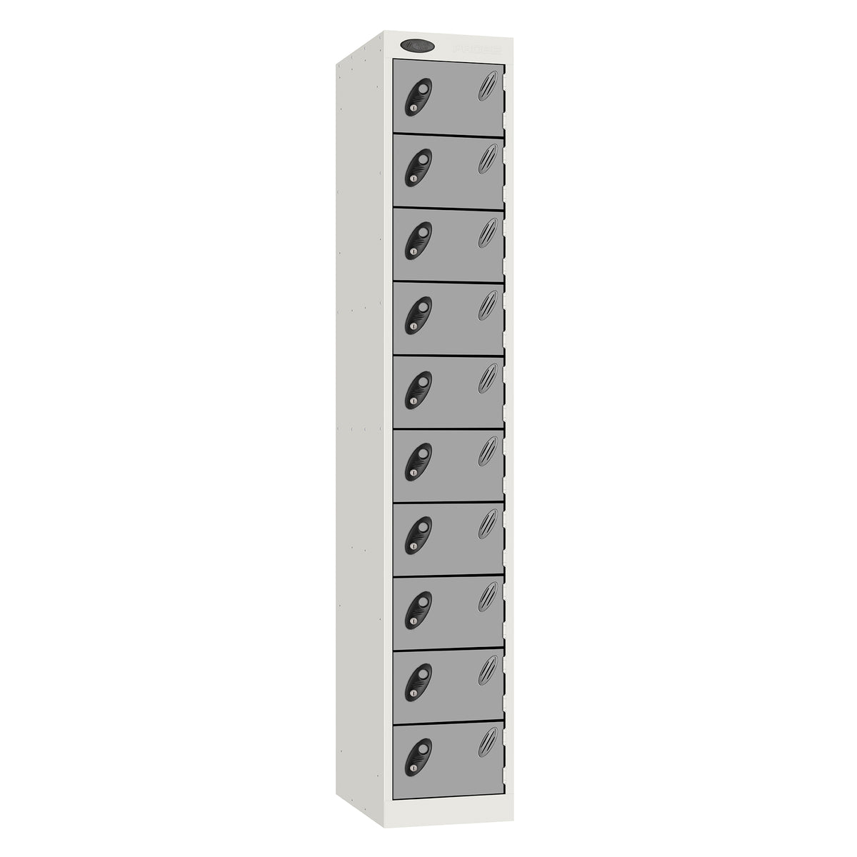 Probe Standard Metric Locker — 10 Door, Flat Top, Double Width (380-450mm) — White Carcass / Silver Doors