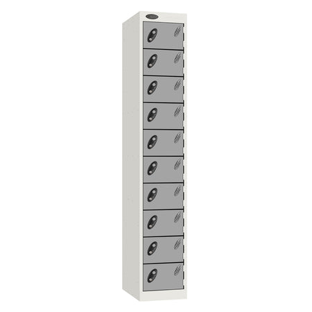 Probe Standard Metric Locker — 10 Door, Flat Top, Triple Width — White Carcass / Silver Doors