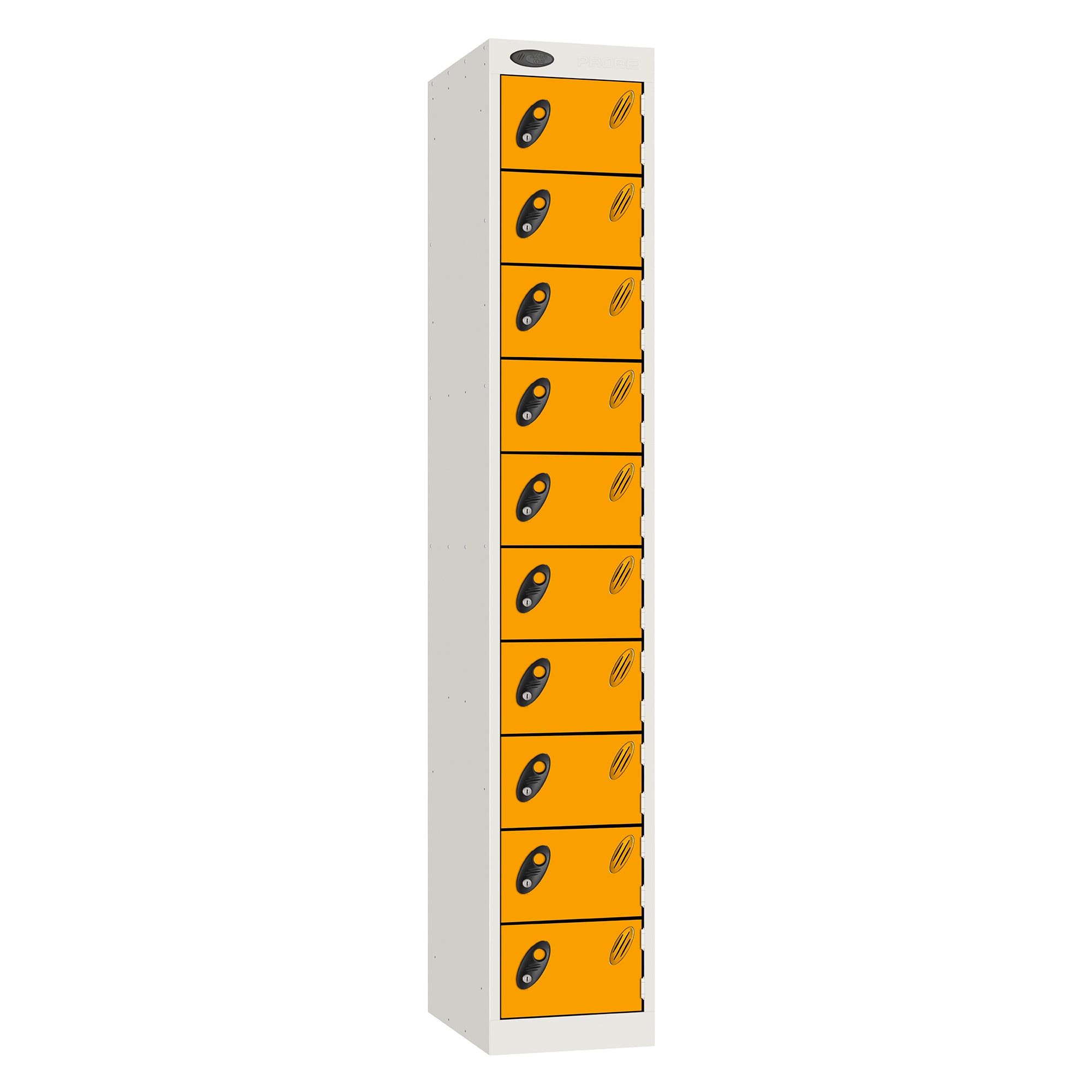 Probe Standard Metric Locker — 10 Door, Sloping Top, Double Width (380-450mm) — White Carcass / Yellow Doors