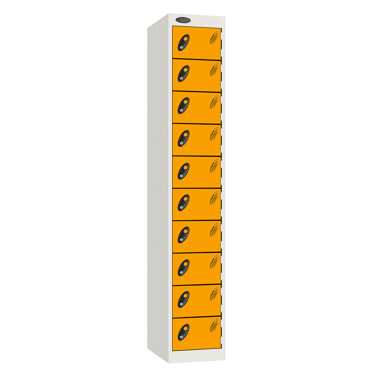 Probe Standard Metric Locker — 10 Door, Flat Top, Triple Width — White Carcass / Yellow Doors