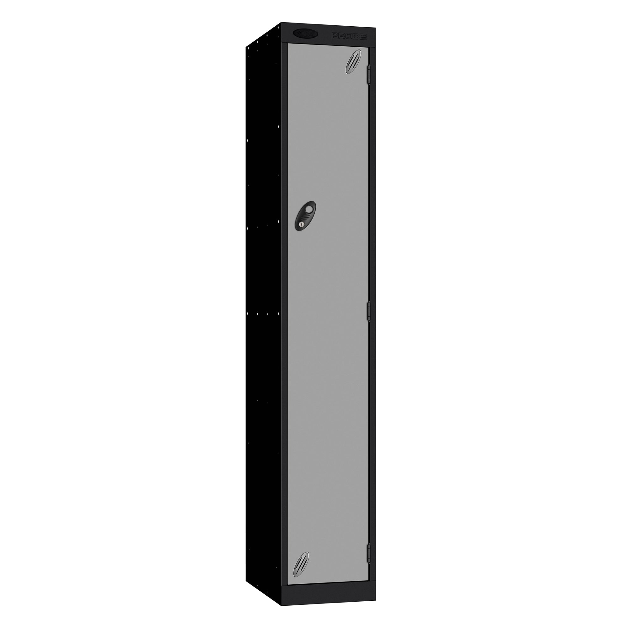 Probe Vision Panel Metric Locker — 1 Door, Sloping Top, 300mm — Black carcass with Silver door
