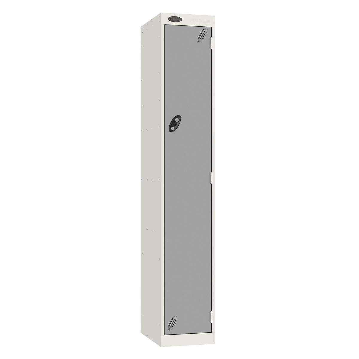 Probe Vision Panel Metric Locker — 1 Door, Sloping Top, 300mm — White carcass with Silver door