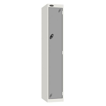Probe Vision Panel Metric Locker — 1 Door, Sloping Top, 300mm — White carcass with Silver door