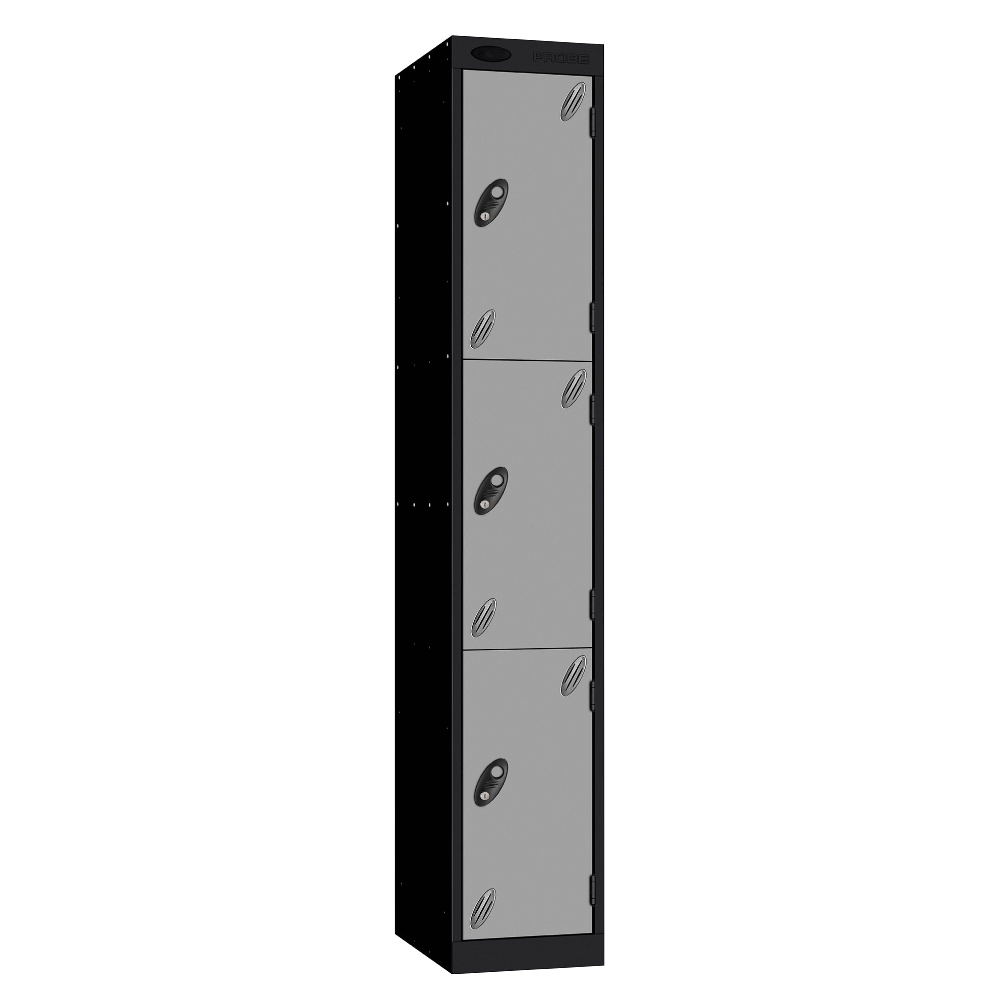 Probe Vision Panel Metric Locker — 3 Door, Sloping Top, 300mm — Black carcass with Silver door