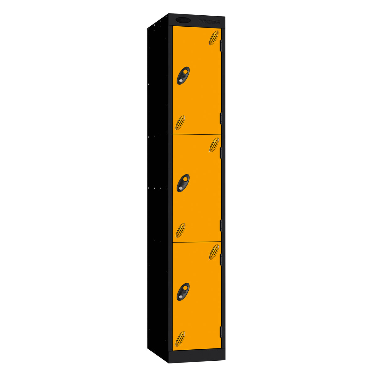 Probe Vision Panel Metric Locker — 3 Door, Sloping Top, 300mm — Black carcass with Yellow door