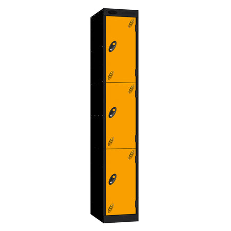 Probe Vision Panel Metric Locker — 3 Door, Sloping Top, 300mm — Black carcass with Yellow door