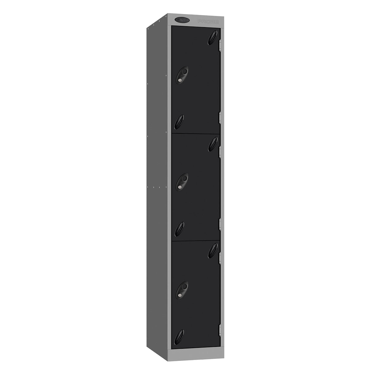Probe Vision Panel Metric Locker — 3 Door, Sloping Top, 300mm — Silver carcass with Black door