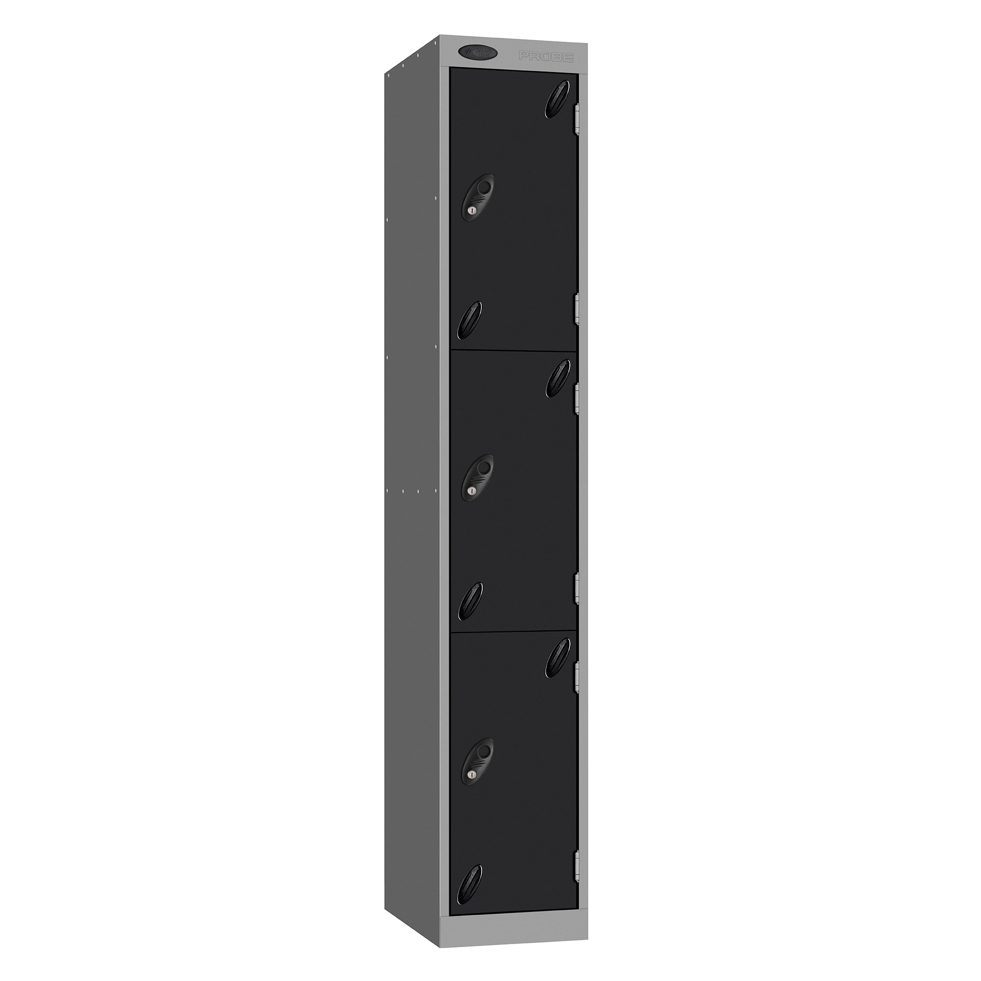 Probe Vision Panel Metric Locker — 3 Door, Sloping Top, 300mm — Silver carcass with Black door