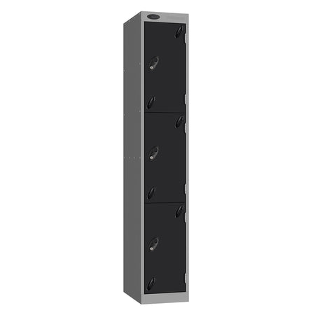 Probe Vision Panel Metric Locker — 3 Door, Sloping Top, 300mm — Silver carcass with Black door
