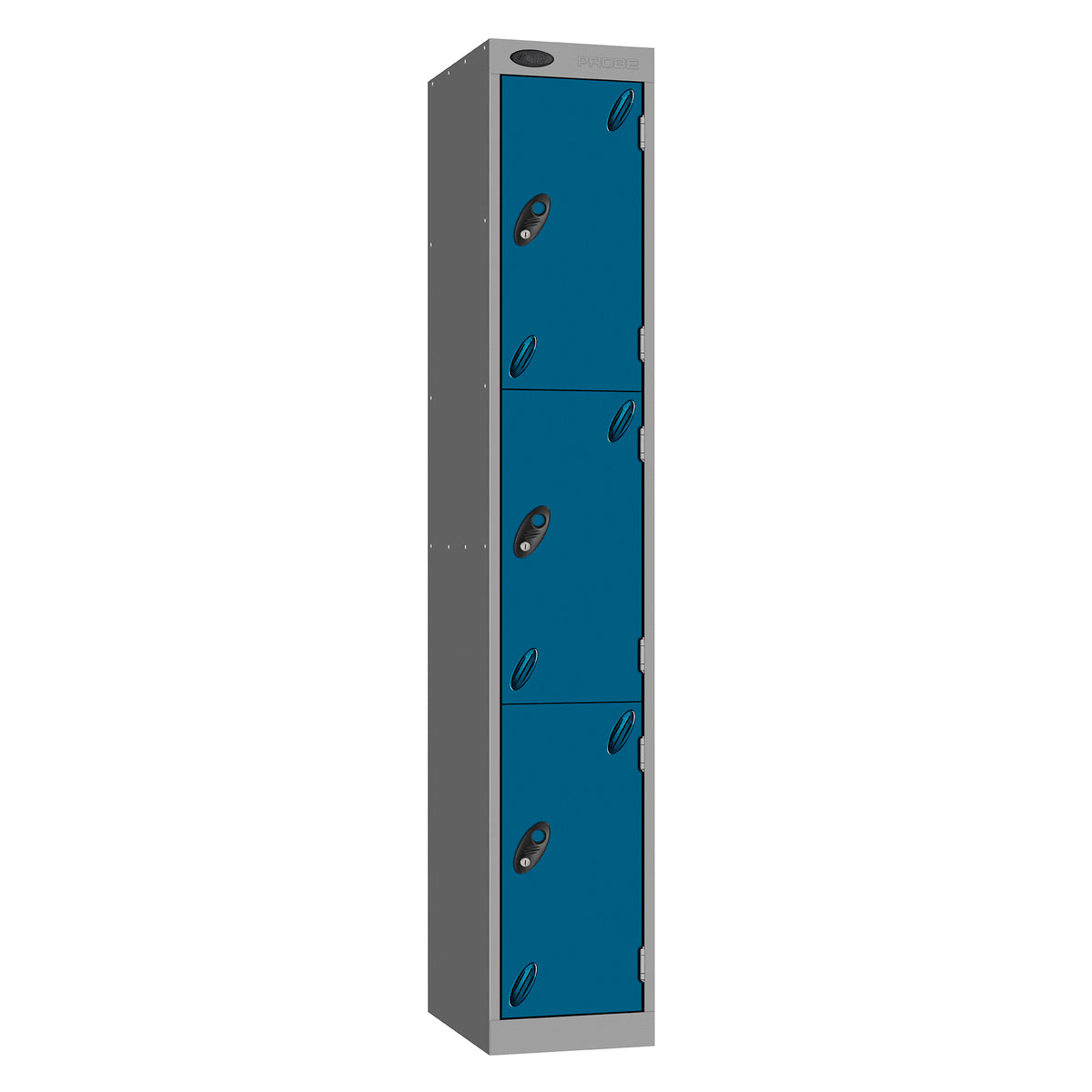 Probe Vision Panel Metric Locker — 3 Door, Sloping Top, 300mm — Silver carcass with Blue door