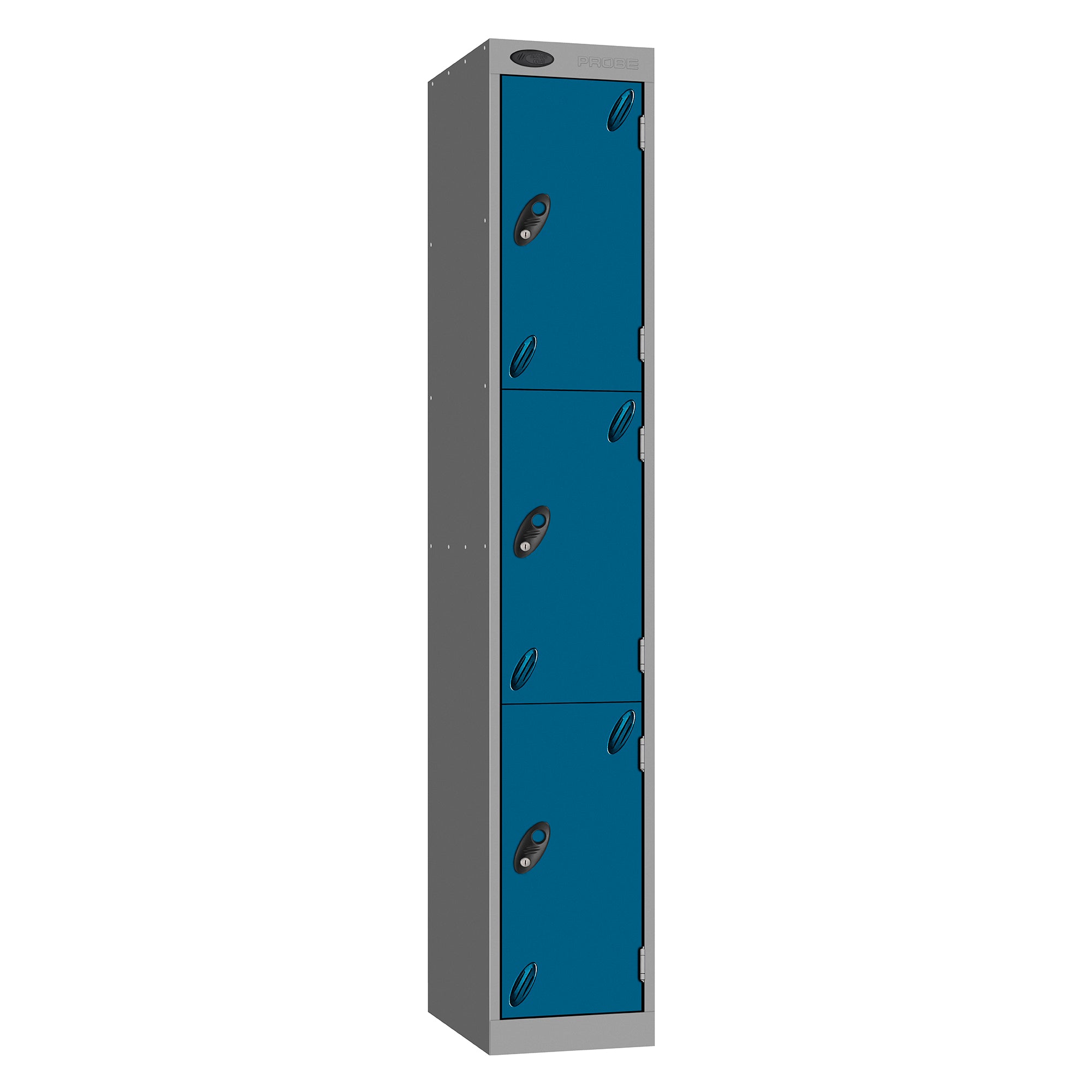 Probe Vision Panel Metric Locker — 3 Door, Sloping Top, 300mm — Silver carcass with Blue door