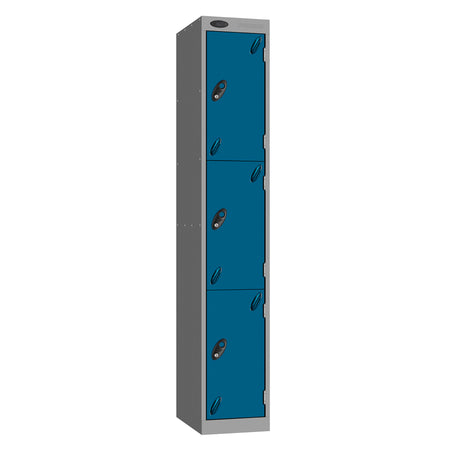 Probe Vision Panel Metric Locker — 3 Door, Sloping Top, 300mm — Silver carcass with Blue door