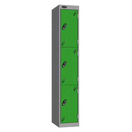 Probe Vision Panel Metric Locker — 3 Door, Sloping Top, 300mm — Silver carcass with Green door