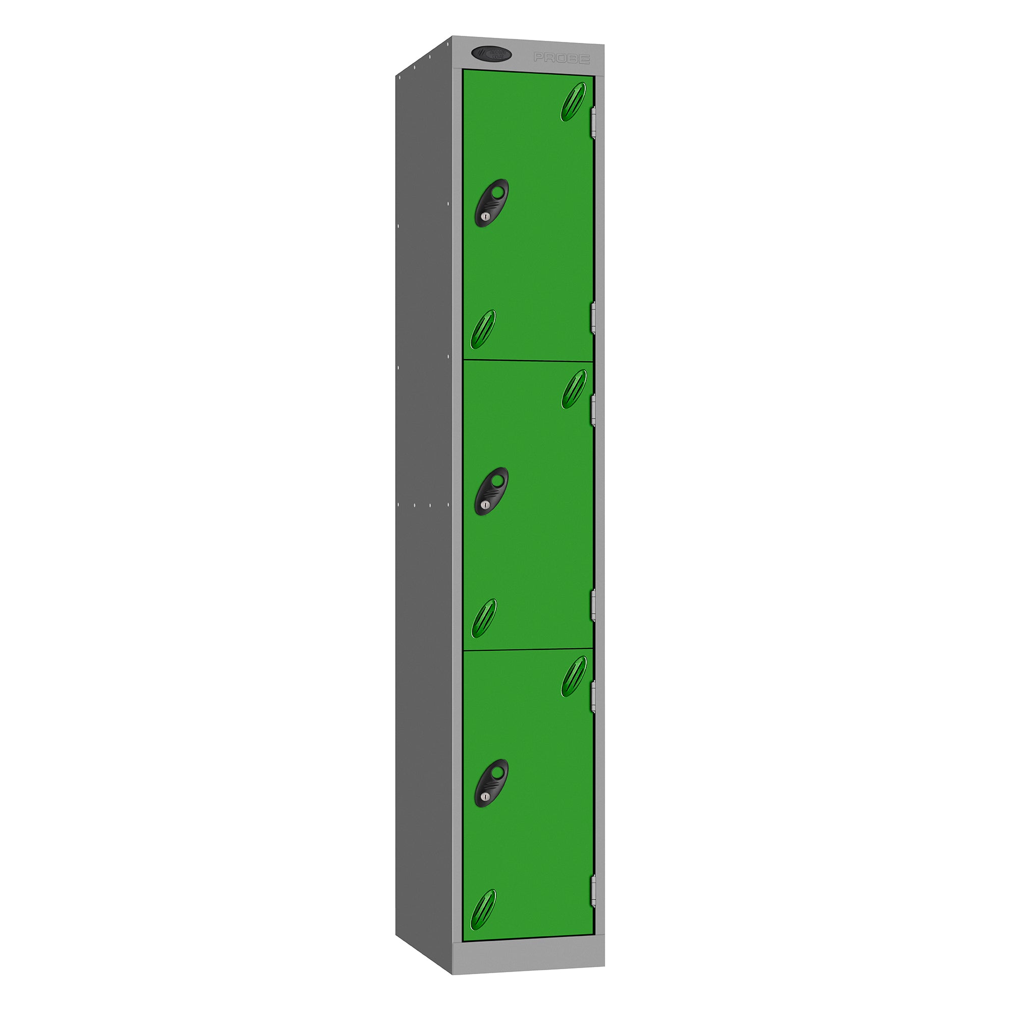 Probe Vision Panel Metric Locker — 3 Door, Wide Format (380-450mm) — Silver carcass with Green door