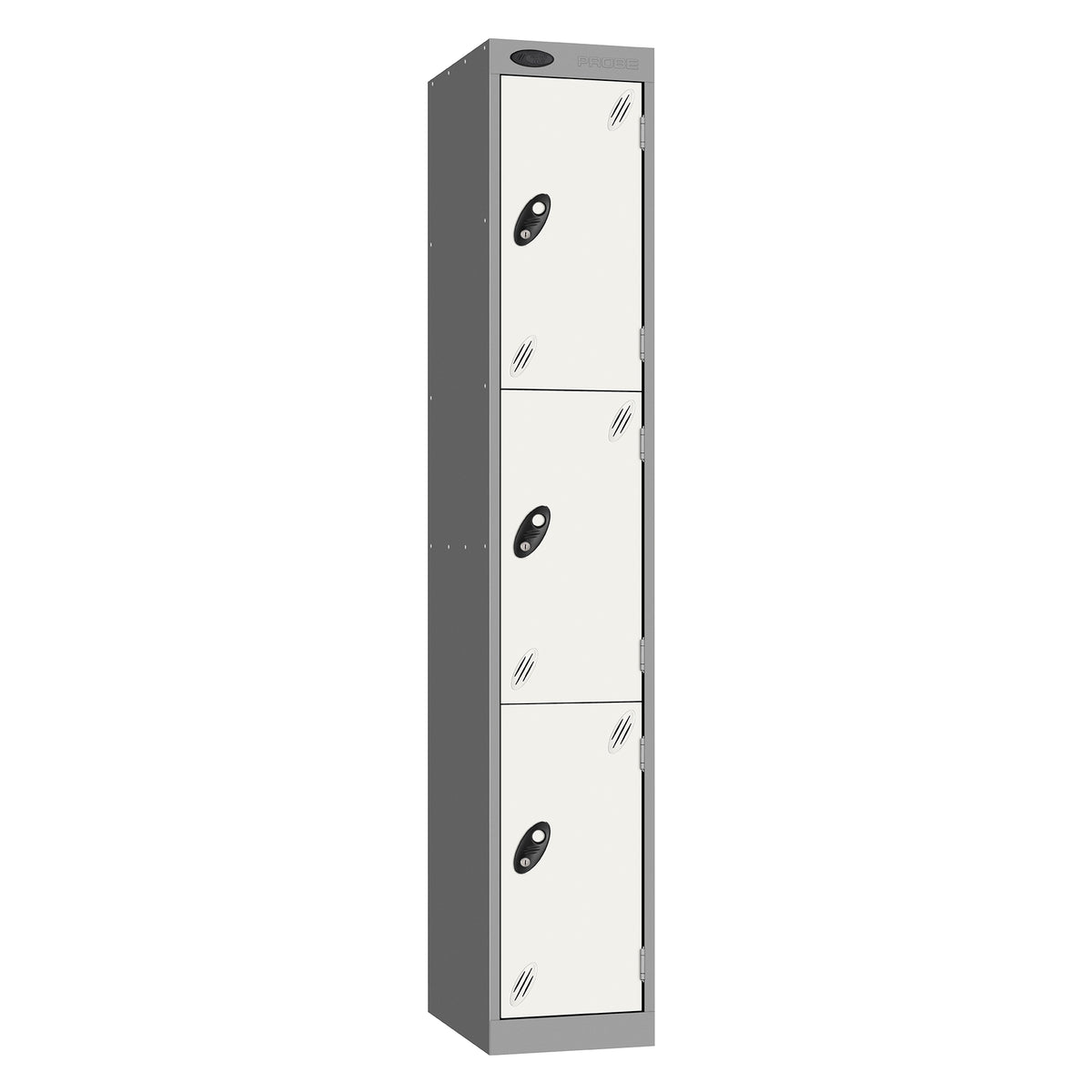 Probe Vision Panel Metric Locker — 3 Door, Sloping Top, 300mm — Silver carcass with White door