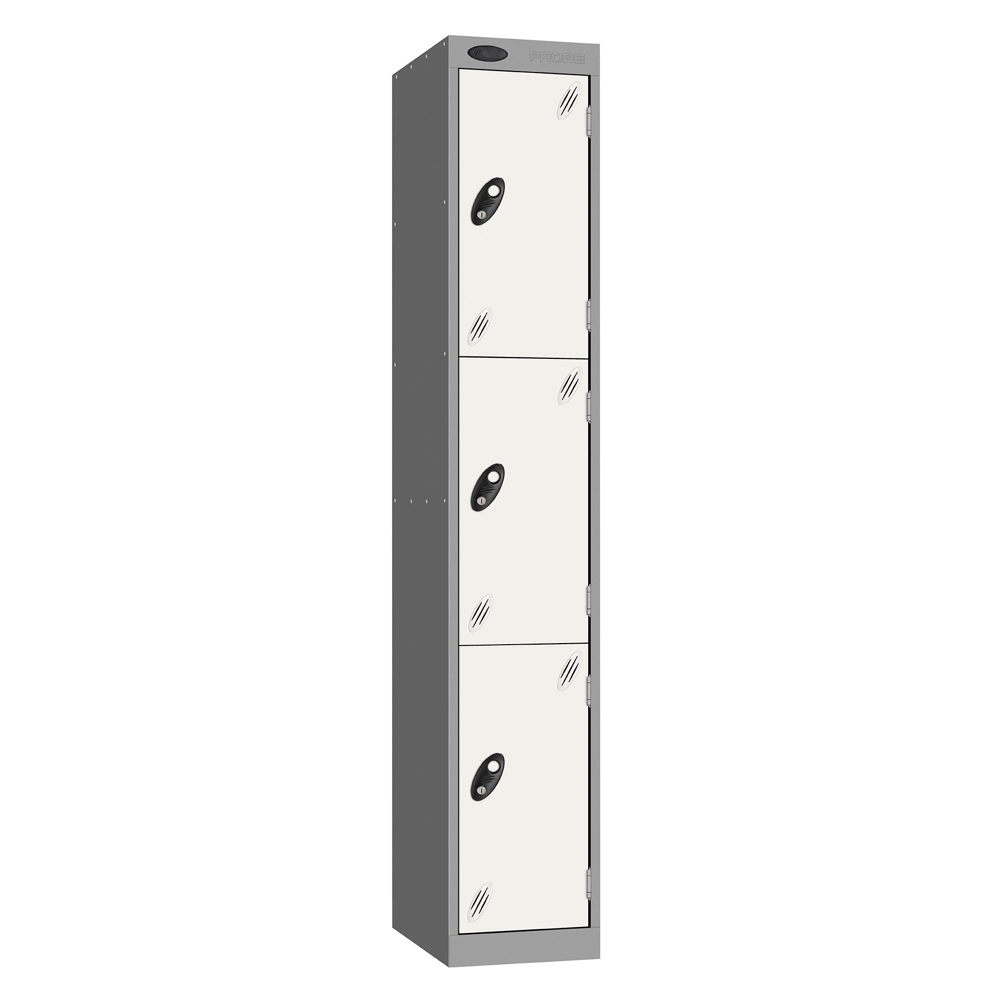 Probe Vision Panel Metric Locker — 3 Door, Sloping Top, 300mm — Silver carcass with White door