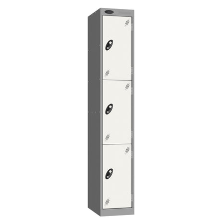 Probe Vision Panel Metric Locker — 3 Door, Sloping Top, 300mm — Silver carcass with White door