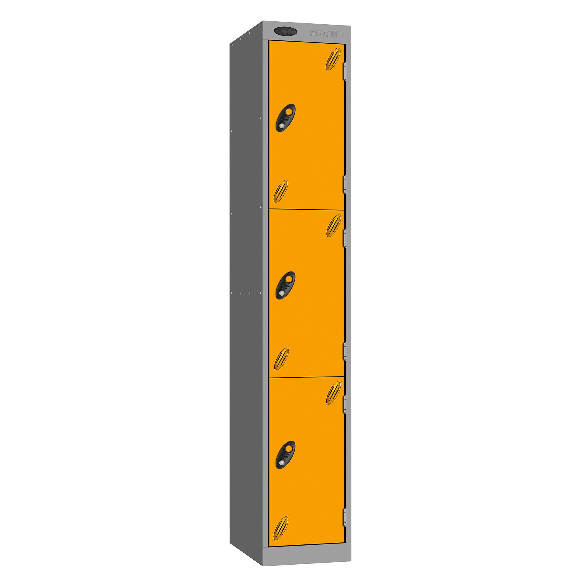 Probe Vision Panel Metric Locker — 3 Door, Flat Top, 300mm — Silver carcass with Yellow door
