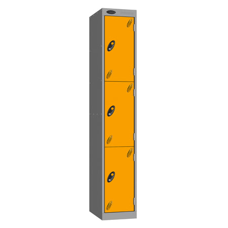Probe Vision Panel Metric Locker — 3 Door, Flat Top, 300mm — Silver carcass with Yellow door