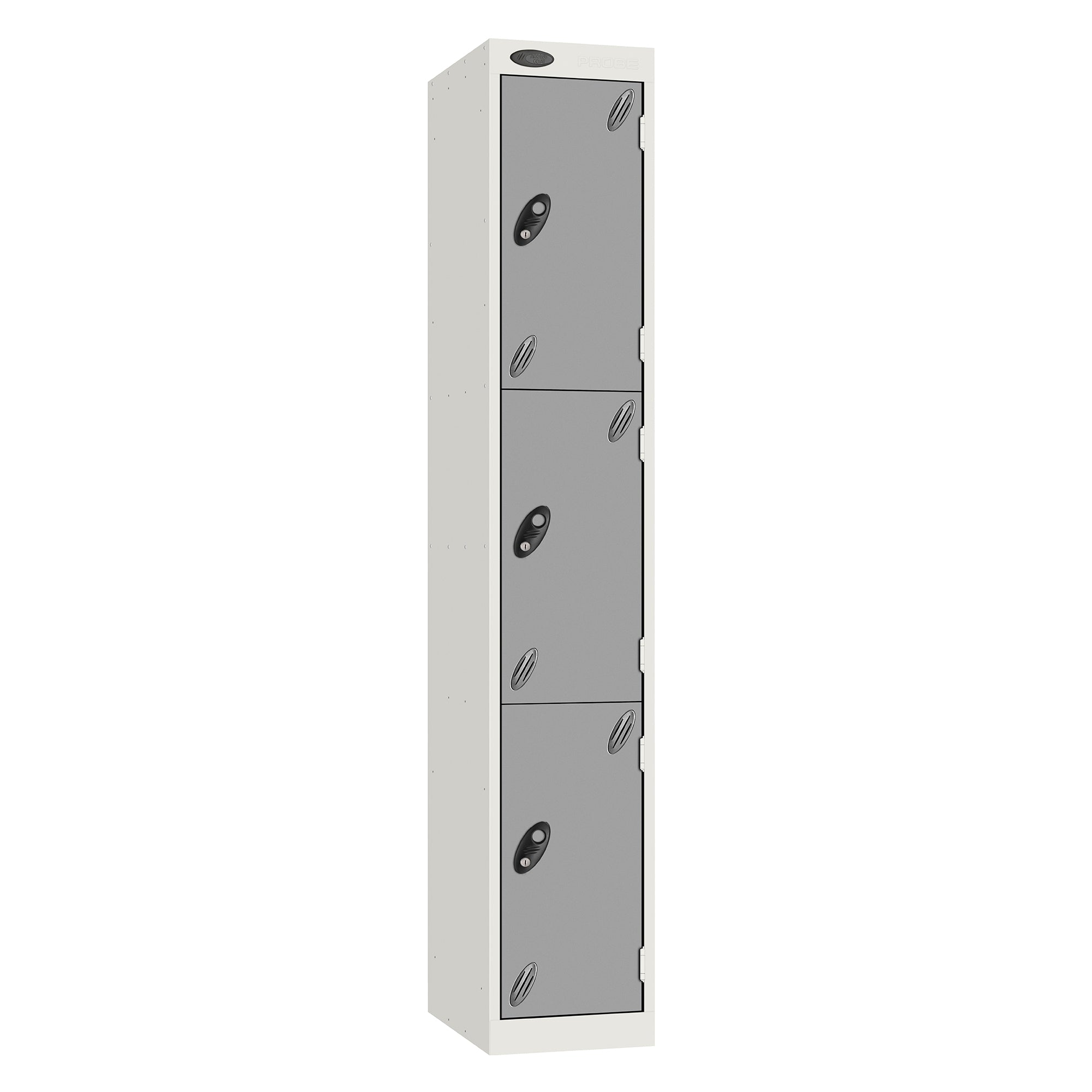 Probe Standard Imperial Locker — 3 Door, Flat Top, Triple Width — White carcass with Silver door