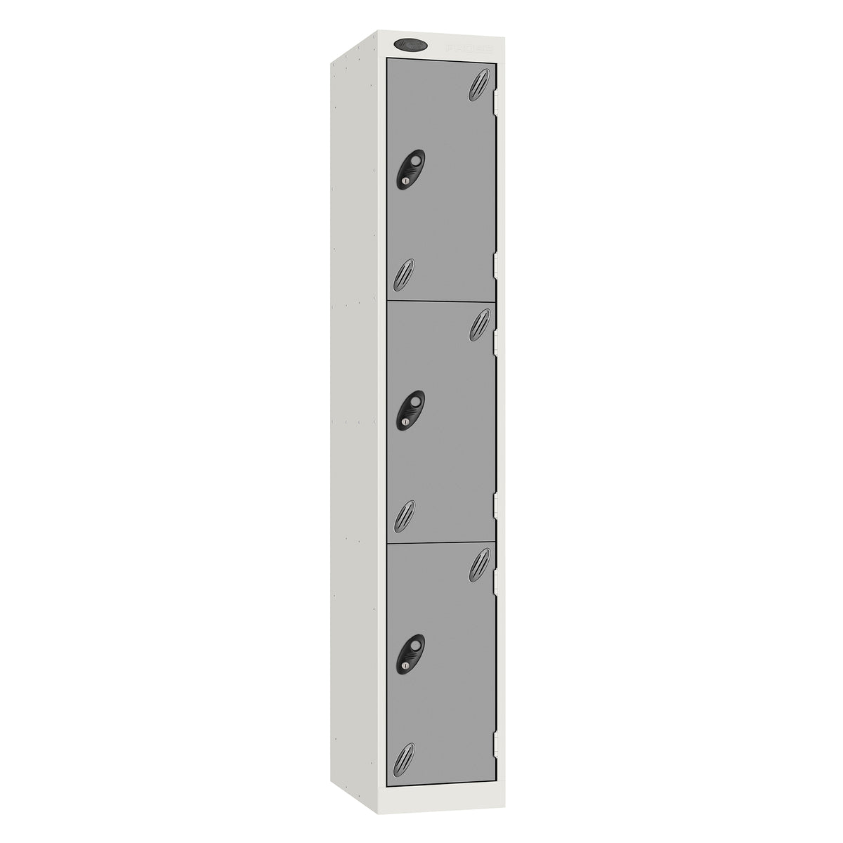 Probe Vision Panel Metric Locker — 3 Door, Sloping Top, 300mm — White carcass with Silver door