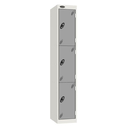 Probe Vision Panel Metric Locker — 3 Door, Sloping Top, 300mm — White carcass with Silver door