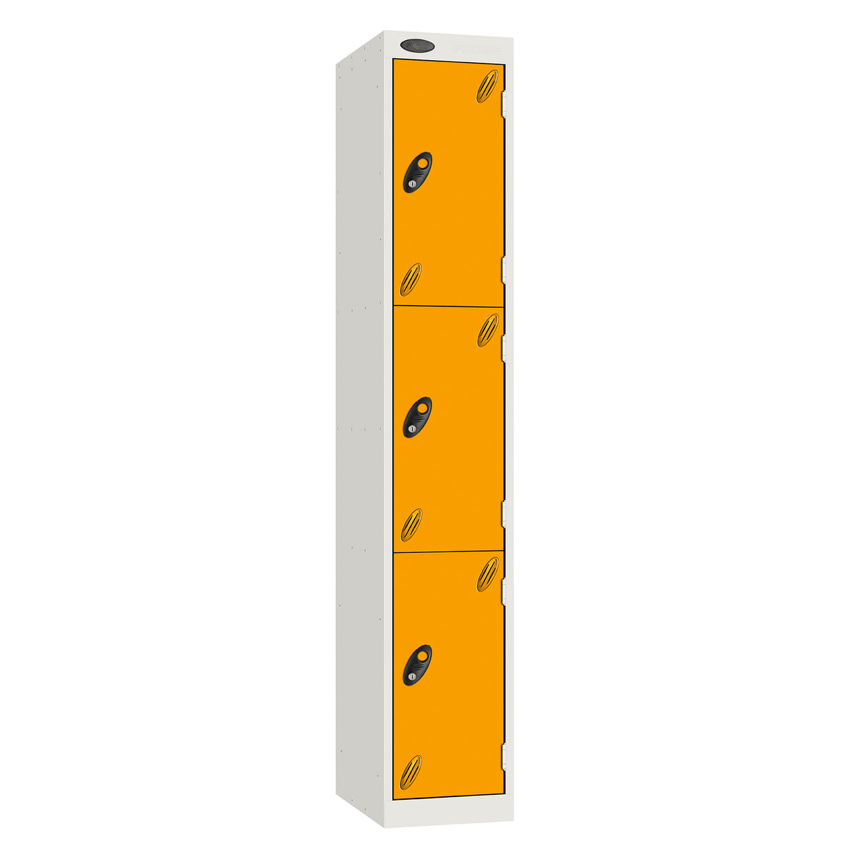 Probe Vision Panel Metric Locker — 3 Door, Sloping Top, 300mm — White carcass with Yellow door