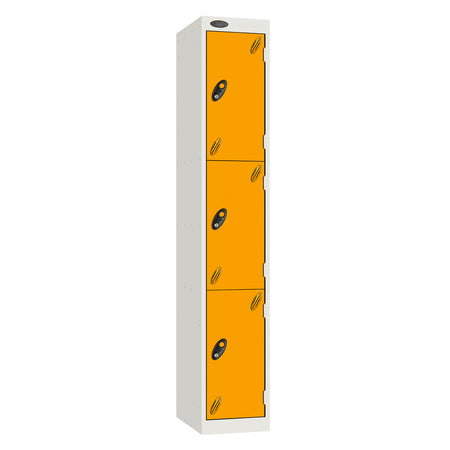 Probe Vision Panel Metric Locker — 3 Door, Sloping Top, 300mm — White carcass with Yellow door
