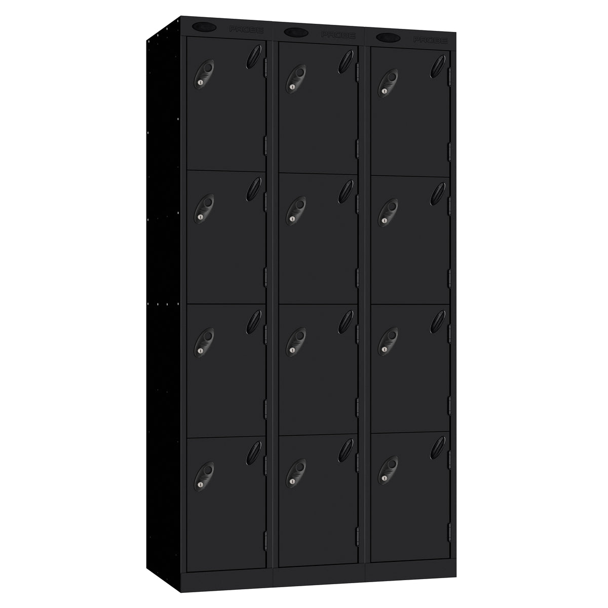 Probe Perforated Metric Locker — 4 Door, Sloping Top, Triple Width — Black carcass with Black door