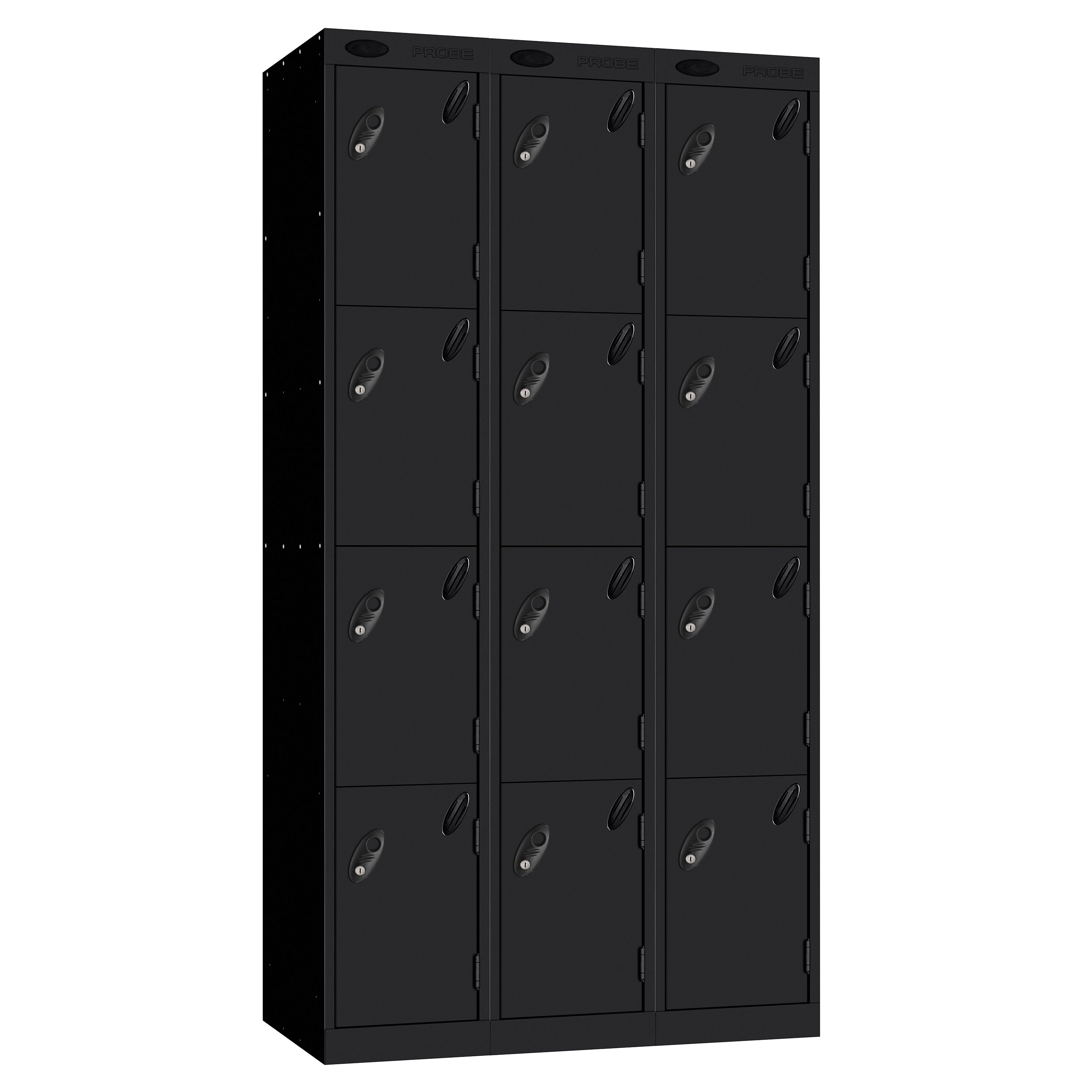 Probe Perforated Metric Locker — 4 Door, Sloping Top, Triple Width — Black carcass with Black door