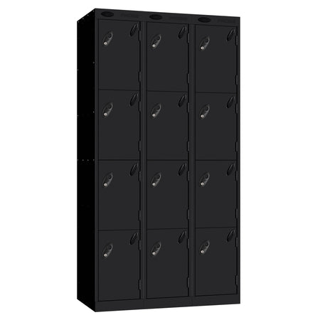 Probe Perforated Metric Locker — 4 Door, Sloping Top, Triple Width — Black carcass with Black door