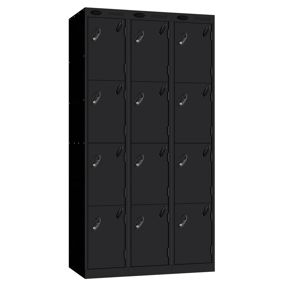 Probe Perforated Metric Locker — 4 Door, Sloping Top, Triple Width — Black carcass with Black door