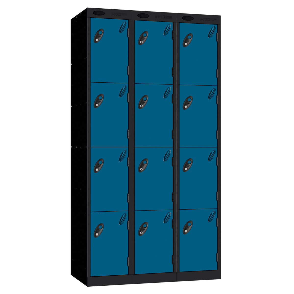 Probe Perforated Metric Locker — 4 Door, Sloping Top, Triple Width — Black carcass with Blue door