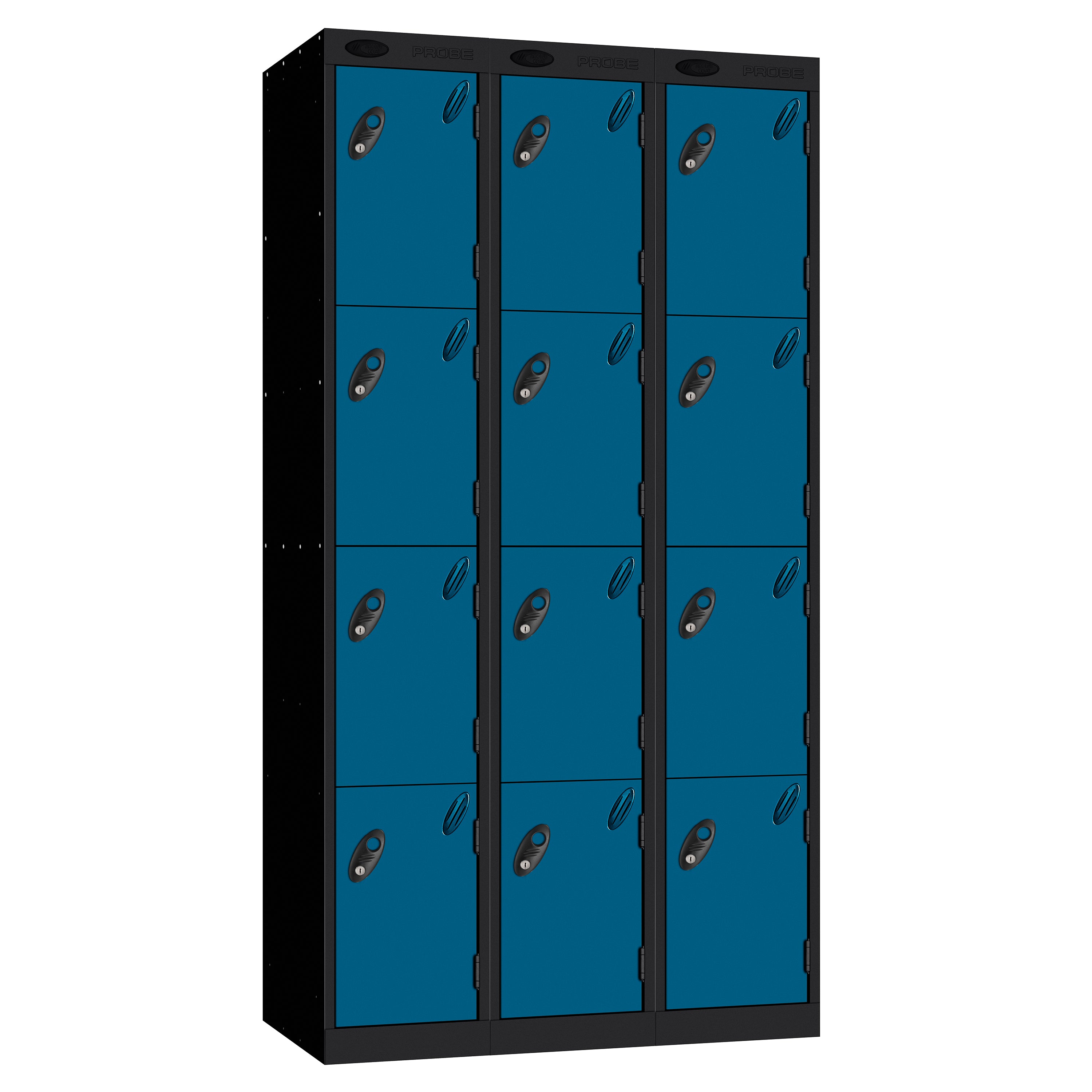 Probe Perforated Metric Locker — 4 Door, Sloping Top, Triple Width — Black carcass with Blue door