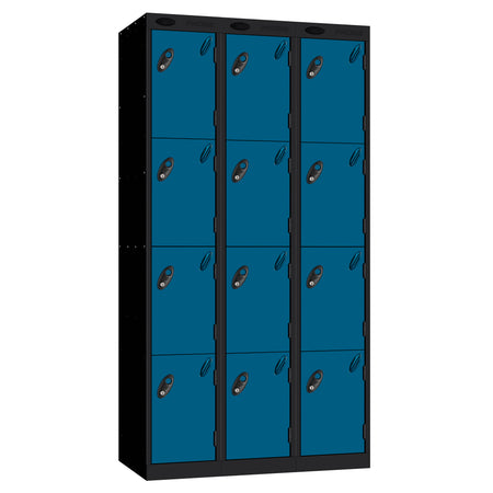 Probe Perforated Metric Locker — 4 Door, Sloping Top, Triple Width — Black carcass with Blue door