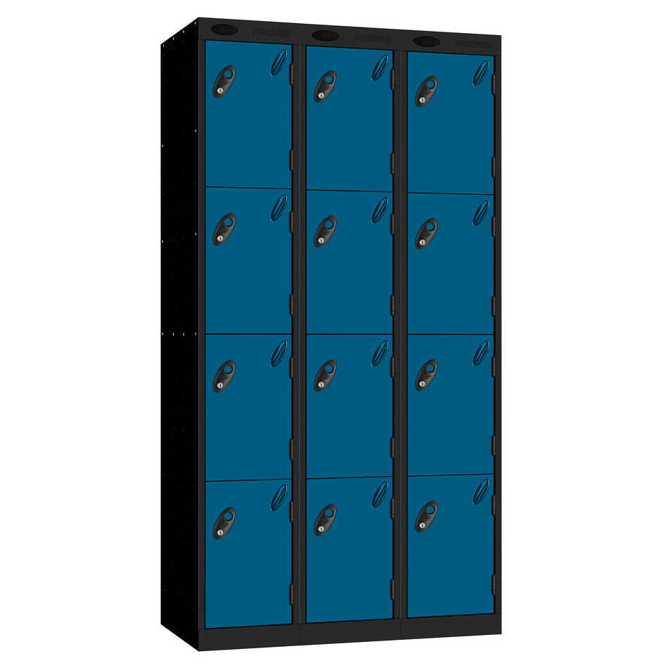 Probe Perforated Metric Locker — 4 Door, Sloping Top, Triple Width — Black carcass with Blue door