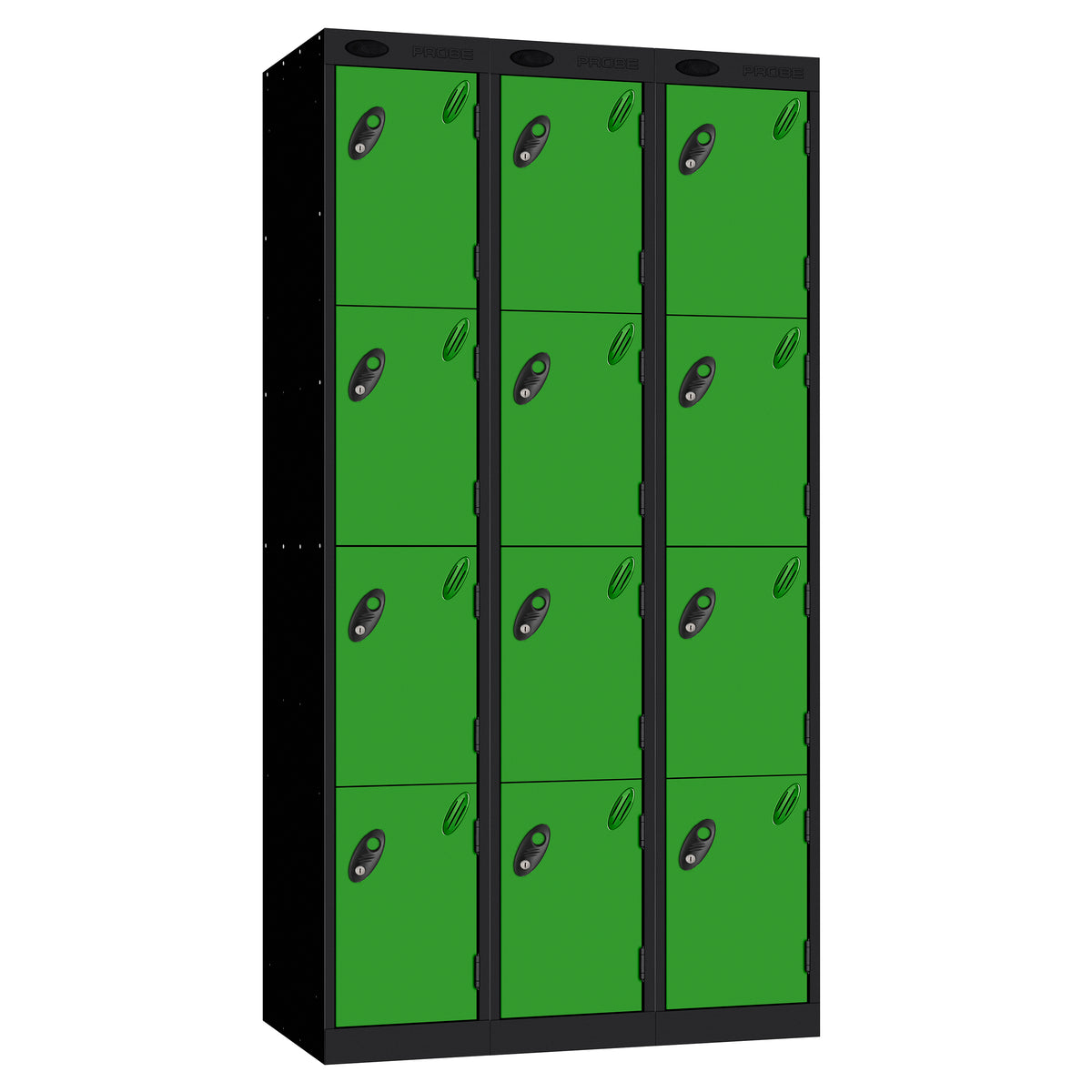 Probe Perforated Metric Locker — 4 Door, Sloping Top, Triple Width — Black carcass with Green door