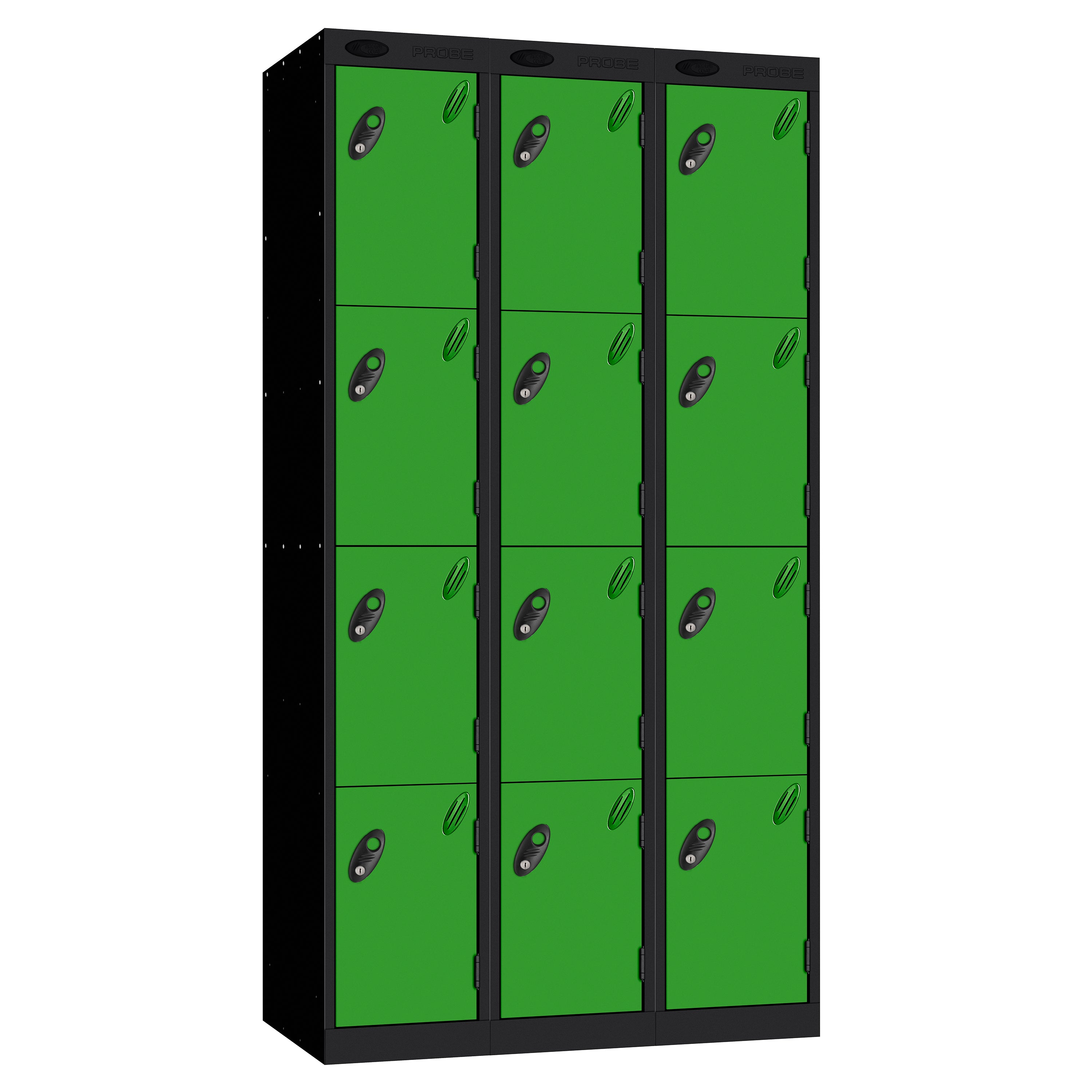 Probe Perforated Metric Locker — 4 Door, Sloping Top, Triple Width — Black carcass with Green door